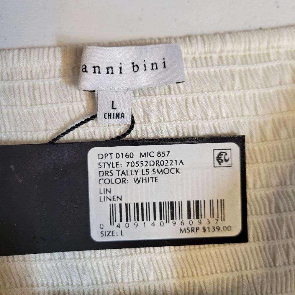 Gianni Bini Tally Smocked Linen Blend White Puff Long Sleeve Dress Large NEW - Picture 12 of 16